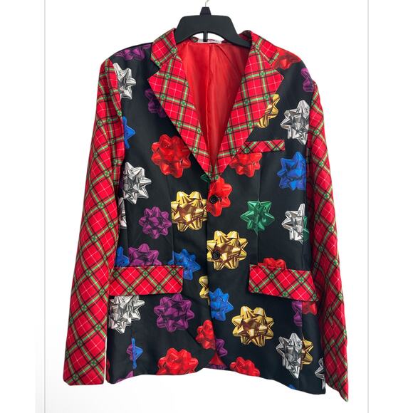 Ugly Christmas Sport Coat Jacket Blazer Bows Plaid Black Red Men's Small (34-36) - Picture 2 of 9